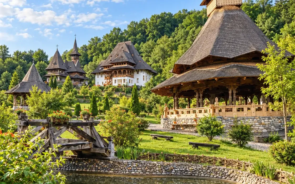 Mănăstirea Bârsana din Maramureș, cu biserica de lemn și turnul-clopotniță