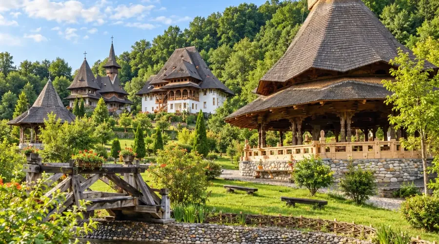 Mănăstirea Bârsana din Maramureș, cu biserica de lemn și turnul-clopotniță