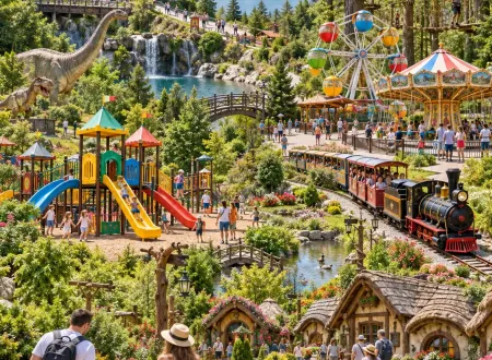 Parc tematic și de distracții pentru copii, cu carusel, roată panoramică, trenuleț și zonă de aventură.