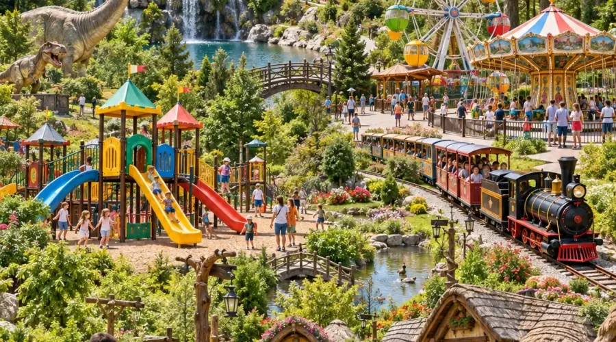 Parc tematic și de distracții pentru copii, cu carusel, roată panoramică, trenuleț și zonă de aventură.